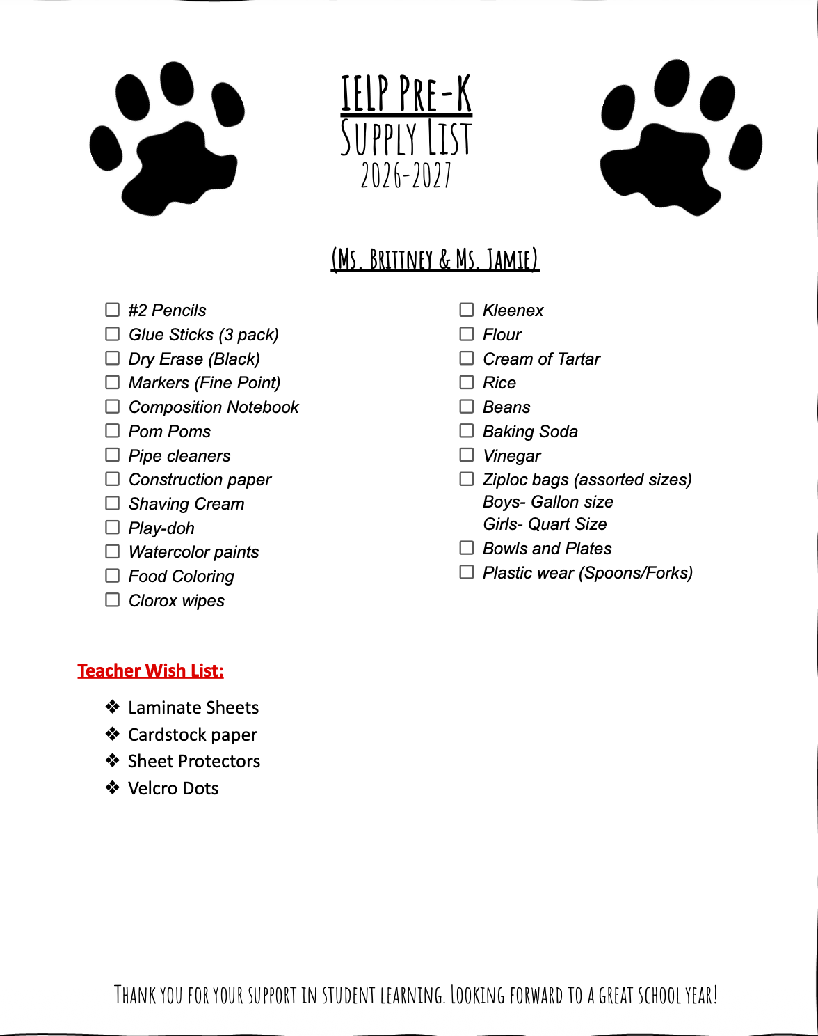 School Supply Lists